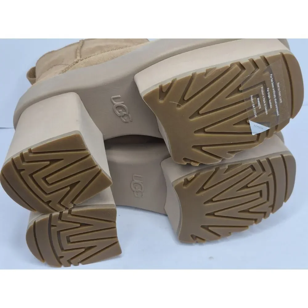 UGG New Heights Platform Mini Boot Tan Suede Shearling Lined Heel Women’s Size 8